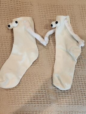 2 Pair Hand Made White/Black Crew Socks with Novelty Eye And Magnetic Hands